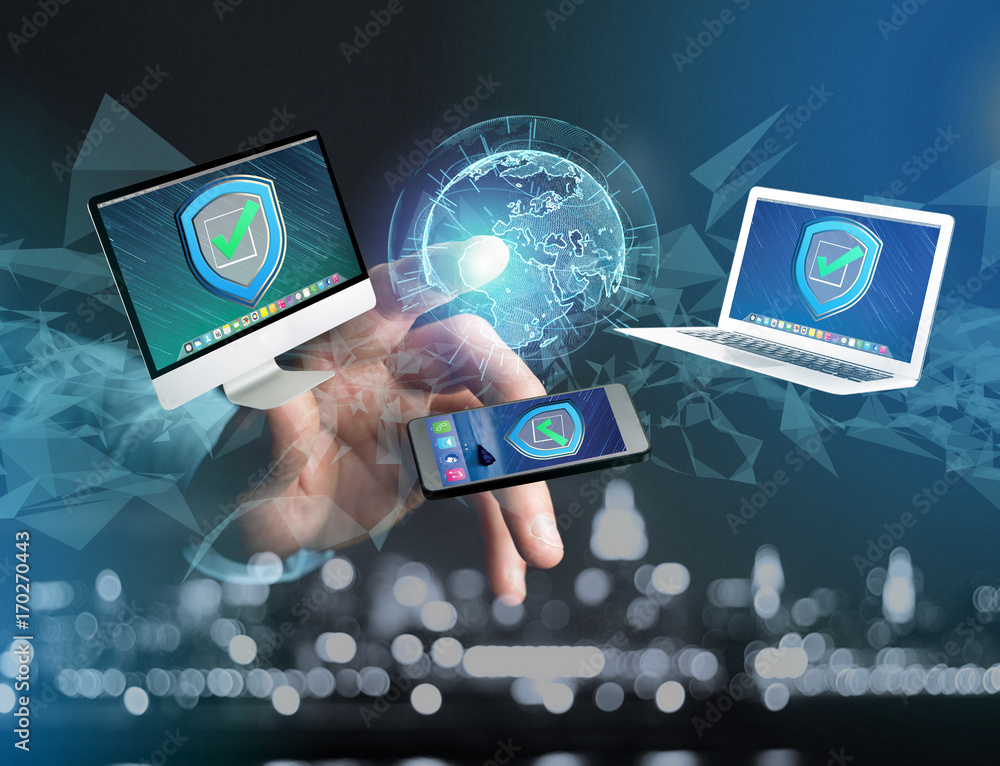 Aufkleber security shield symbol over a network connection of different devices - technology concept