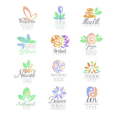 Fototapeta na wymiar Welness, zen, yoga, herbal center, healthy food logo templates set of hand drawn watercolor vector Illustrations