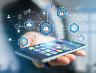 International business network connection displayed on a futuristic interface with technology icon and sphere globe - Worldwide business concept