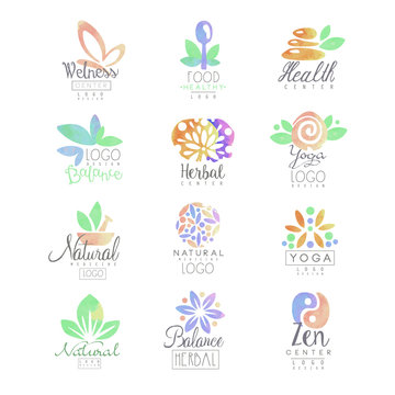 Welness, zen, yoga, herbal center, healthy food logo templates set of hand drawn watercolor vector Illustrations