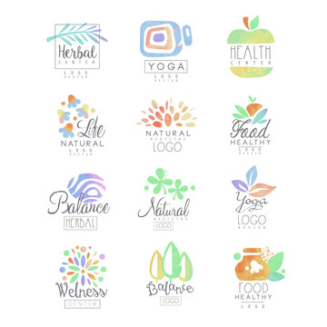 Welness, zen, yoga, herbal center, healthy food, natural life logo templates set of hand drawn watercolor vector Illustrations