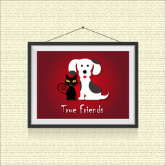 True friends, dog and cat friendship - funny cartoon picture in photo frame on dotted background