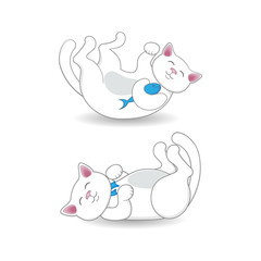 Cute white cat, kitten lying on its back in two positions, cartoon vector illustration isolated on white background. Playful cartoon, comic style cat, kitten lying on its back, two variants, positions