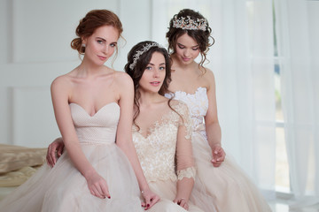 Three girls in wedding dresses. Beautiful delicate girls in the Bridal salon