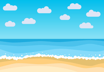Fototapeta na wymiar Vector landscape with summer beach. Waves of the sandy beach, blue sky and sea. Landscape vector illustration. 
