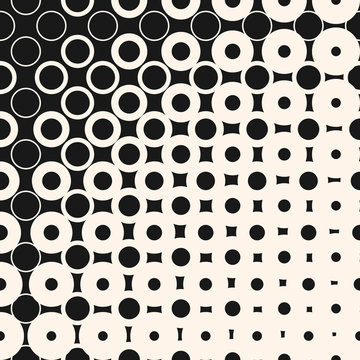 Vector halftone seamless pattern with circles and squares, transition effect