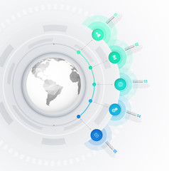 Infographic template with five circles and icons line up beside polygonal map - light version.