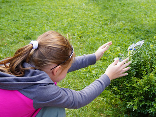 Fototapeta premium A child catches a butterfly on a green grass
