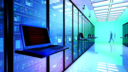 Creative business web telecommunication, internet technology connection, cloud computing and networking connectivity concept: terminal monitor in server room with server racks in datacenter