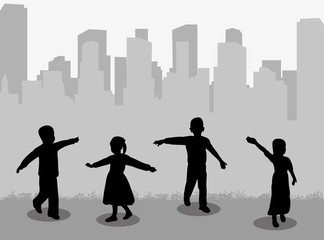 vector, isolated silhouette of children play and dance