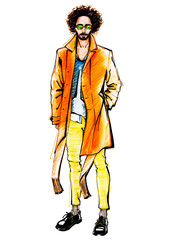 Curly-haired man in a bright coat and scarf