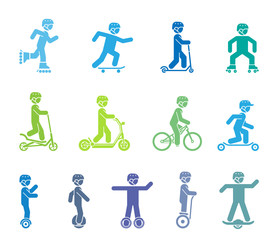 Fototapeta na wymiar Modern city transportation. Set of pictograms representing people riding various types of bicycles, rollers, skates and modern electrical vehicles.