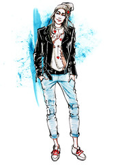 Fashion woman model with a black jacket. Hand drawn illustration