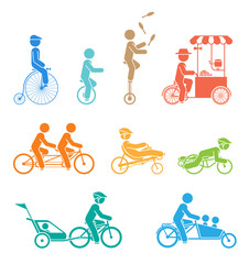 Set of pictograms representing people riding various types of bicycles. © Dejan Jovanovic