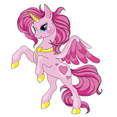 Fairy tale character horse. Cartoon unicorn. Pink unicorn with long mane. Vector isolated. Character is fabulous.