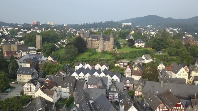 Aerial view over the old town Herborn. Hesse, Germany