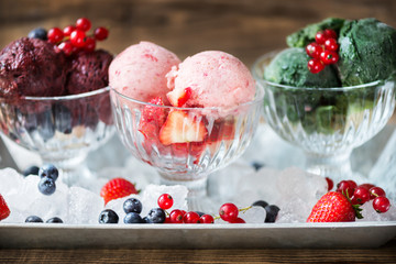 Homemade Vegan Nice Cream or Sorbet from Banana, Spinach, Strawb