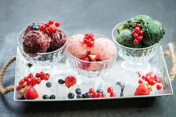 Homemade Vegan Nice Cream or Sorbet from Banana, Spinach, Strawb