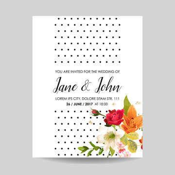 Save the Date Card with Watercolor Lily Flowers for Wedding, Invitation, Baby Shower Party in vector