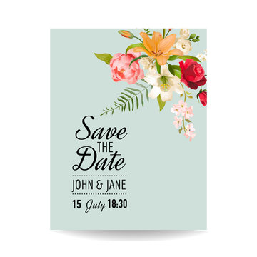 Save the Date Wedding Card with Watercolor Lily Flowers for Invitation, Baby Shower Party in vector