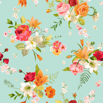 Lily and Orchid Flowers Seamless Background. Floral Pattern in Vector
