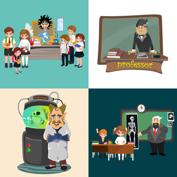 professor and student illustration, Girl and boy with teacher in college classroom, vector campus university, education at school concept, lecturer teaching students