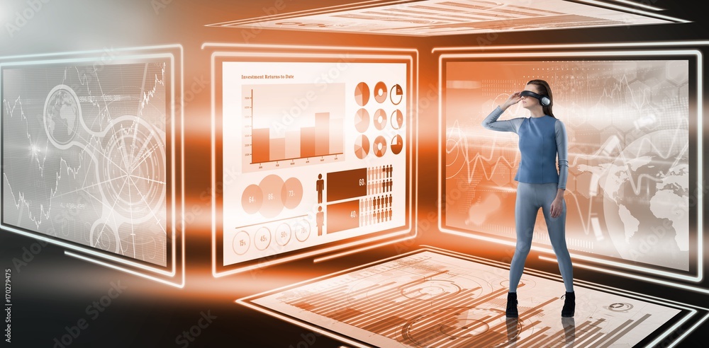 Poster composite image of full length of experiencing virtual reality