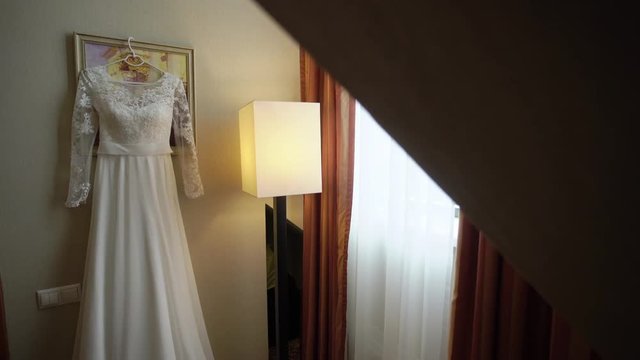 Wedding beautiful dress in bedroom shot