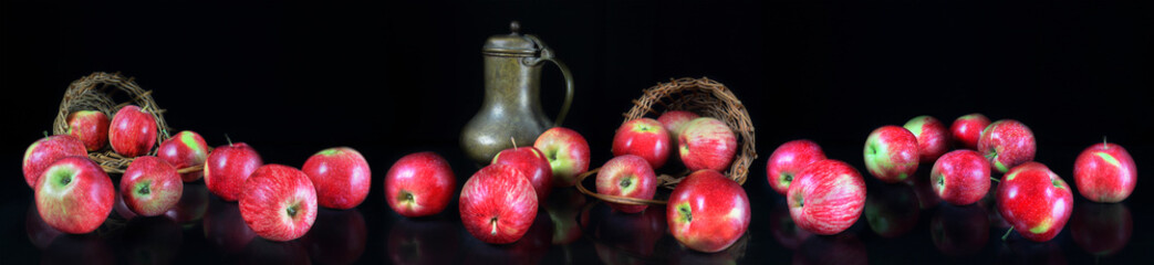 Panorama a still life of a harvest of apples - obrazy, fototapety, plakaty