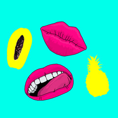 Pink lips and fruits. Collage. Pop art illustration minimal fun