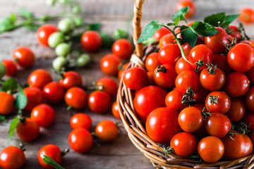 Small tomatoes called cherry tomato in the basket on wooden table, fresh organic vegetables freshly harvested from local farmers
