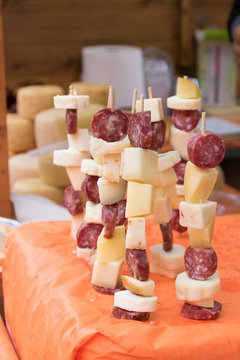 Cheese skewer with salami