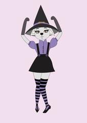 The girl-cat in the hat and striped stockings on a pink background