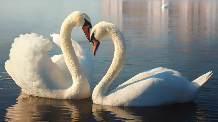 Zelfklevend Fotobehang Twee witte zwanen. Dit is liefde. © ira_kalinicheva