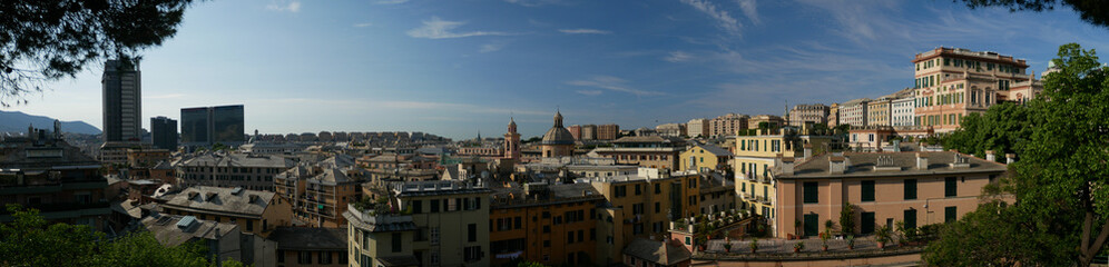 Fototapeta na wymiar Panoramic view, seen from the Acquasola park, of downtown Genoa, Italy.