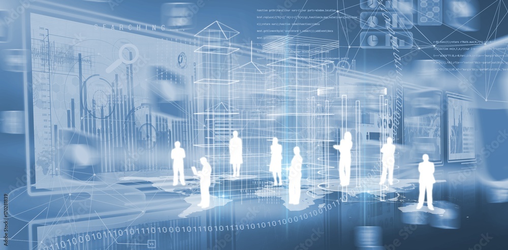 Poster composite image of computer graphic image of business graphs