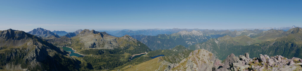 Panoramic view of lake Colombo basin and dam on the Bergamo Alps, northern Italy.