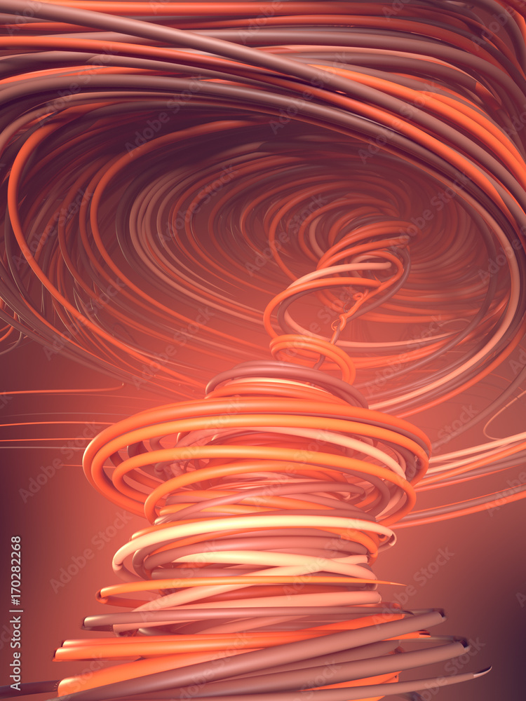 Poster Interlacing abstract red and orange curves. 3D rendering