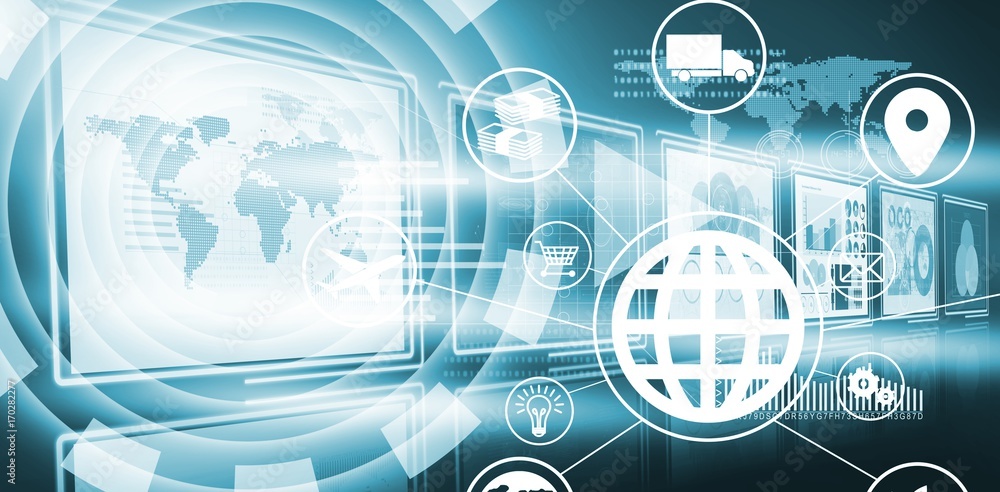 Poster composite image of composite image of globe amidst various icons