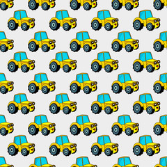 Cute kids pattern for girls and boys. Colorful car, auto on the abstract bright background create a fun cartoon drawing.The background is made in blue colors.Urban backdrop for textile and fabric