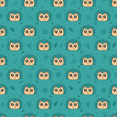 Cute kids pattern for girls and boys. Colorful Hedgehog on the abstract background create a fun cartoon drawing. The background is made in pastel colors. Urban backdrop for textile and fabric.