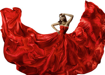 Dancing Woman in Red Dress, Fashion Model Dance in Silk Ball Gown, Waving Flowing Fabric - obrazy, fototapety, plakaty
