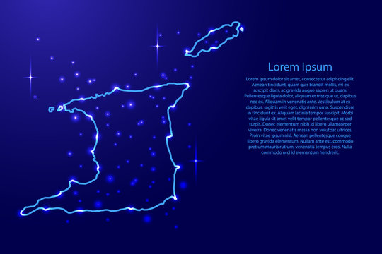 Map Trinidad and Tobago from the contours network blue, luminous space stars of vector illustration