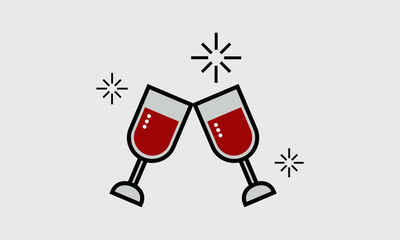 Wine Glasses Clinking to do Cheers (Line Art Vector Illustration in Flat Style Design)