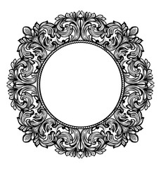 Vintage baroque round frame decor. Detailed ornament vector illustration graphic line art