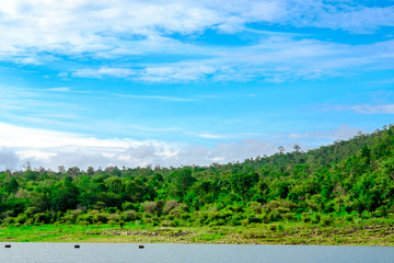 blue sky river lake mountain wildlife kanchanaburi thailand