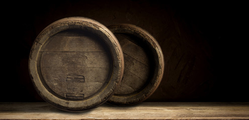 background of barrel and worn old table of wood