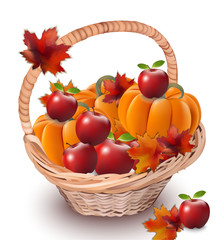 Pumpkins and apples in a basket. Autumn season concept Vector realistic ripe fruits