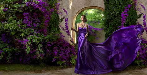 Fashion Model Purple Dress, Woman Long Silk Gown, Violet Garden Flowers, Flying Fabric