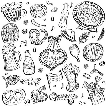 Hand Drawn Oktoberfest Symbols. Funny Drawings of Beer Cups, Hearts, Pretzel, Sausage, Barrel isolated on White.